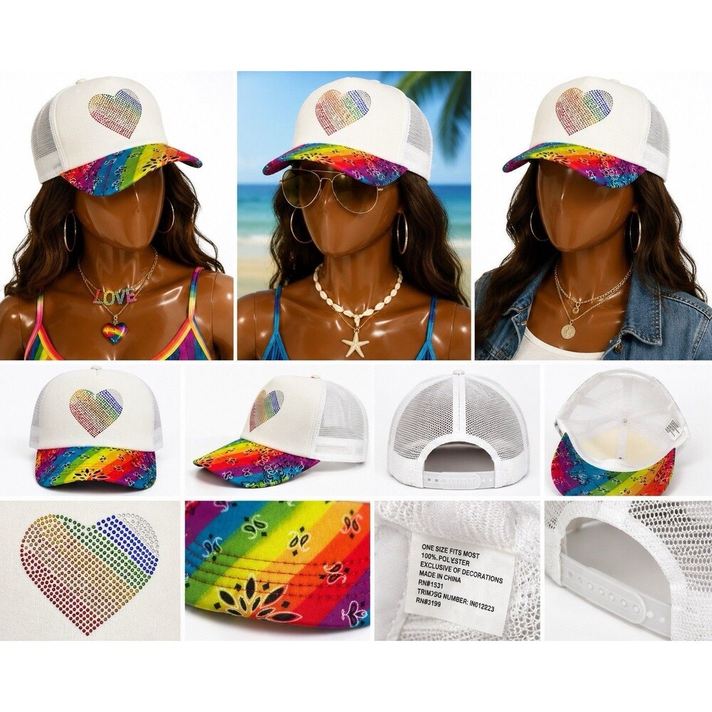 RainBow White Hat Rhinestone Heart Turker  Bling Mesh Bandana Pride Y2K Cap